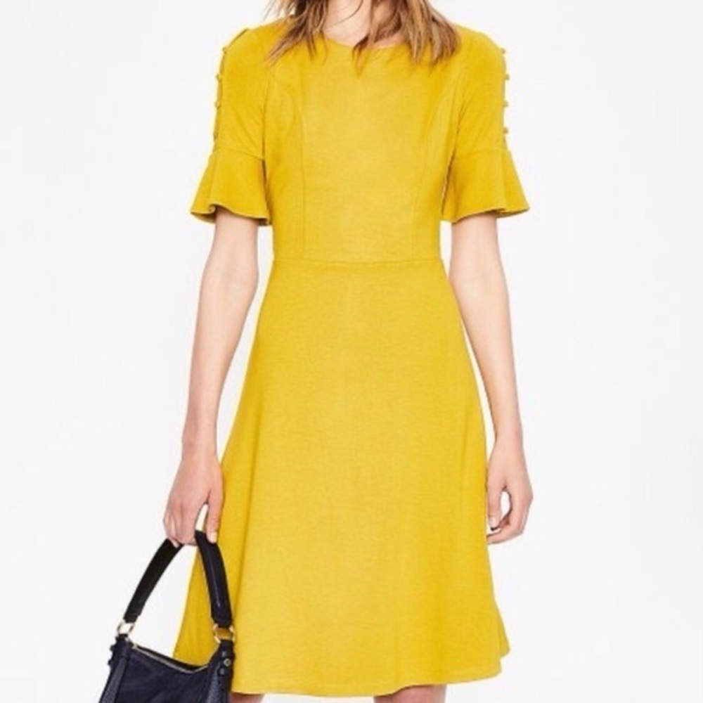 Boden Alexis Button-Sleeve Jersey Dress in mustard yellow